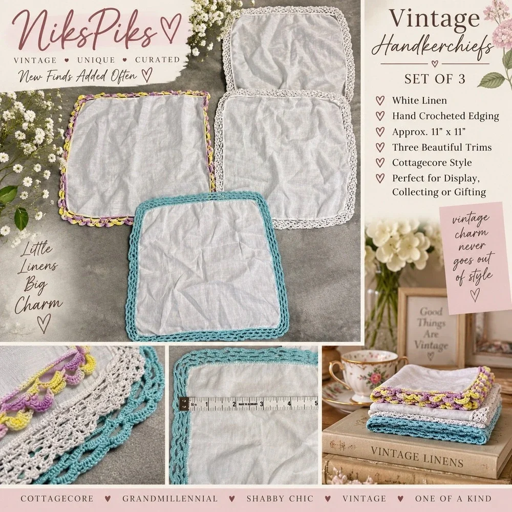 Vintage White Linen Hankies Lot of 3 Hand Crochet Lace Trim Cottagecore